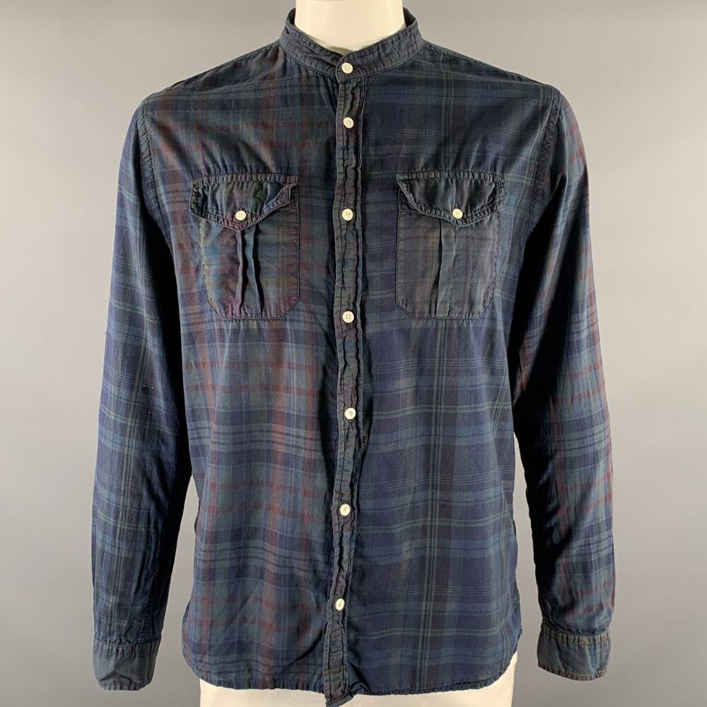 WOOLRICH Size L Navy Green Plaid Cotton Band Collar Long Sleeve Shirt